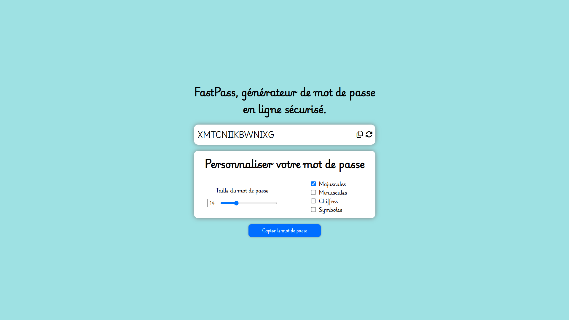 Fastpass est une solution rapide et efficace pour générer des mots de passe sécurisés. Ce site vous permet de créer des mots de passe robustes en quelques clics, garantissant ainsi la sécurité de vos comptes en ligne grâce à un générateur fiable et facile à utiliser.